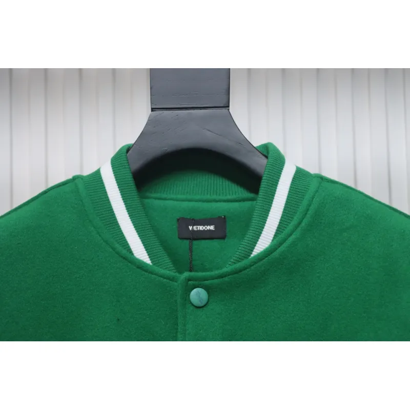 WELL Classic Logo Leather Sleeve Baseball Jacket Green