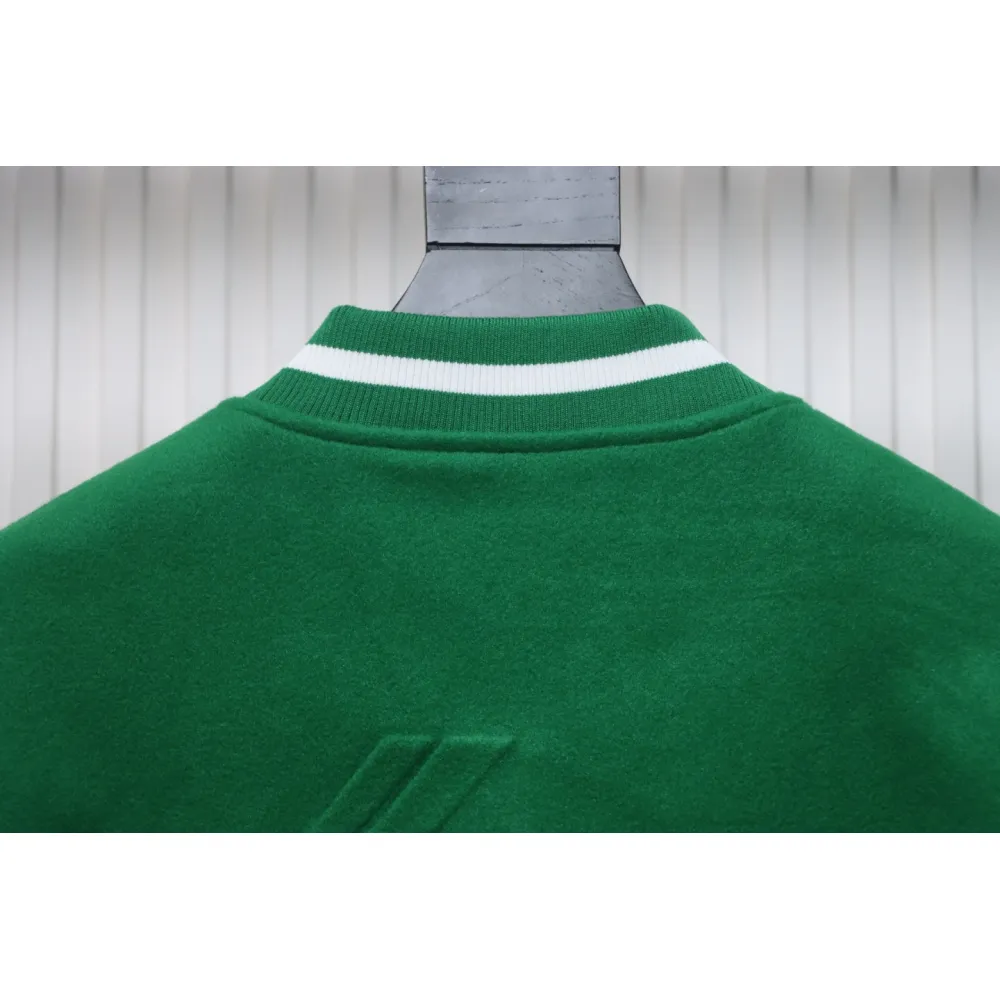 WELL Classic Logo Leather Sleeve Baseball Jacket Green