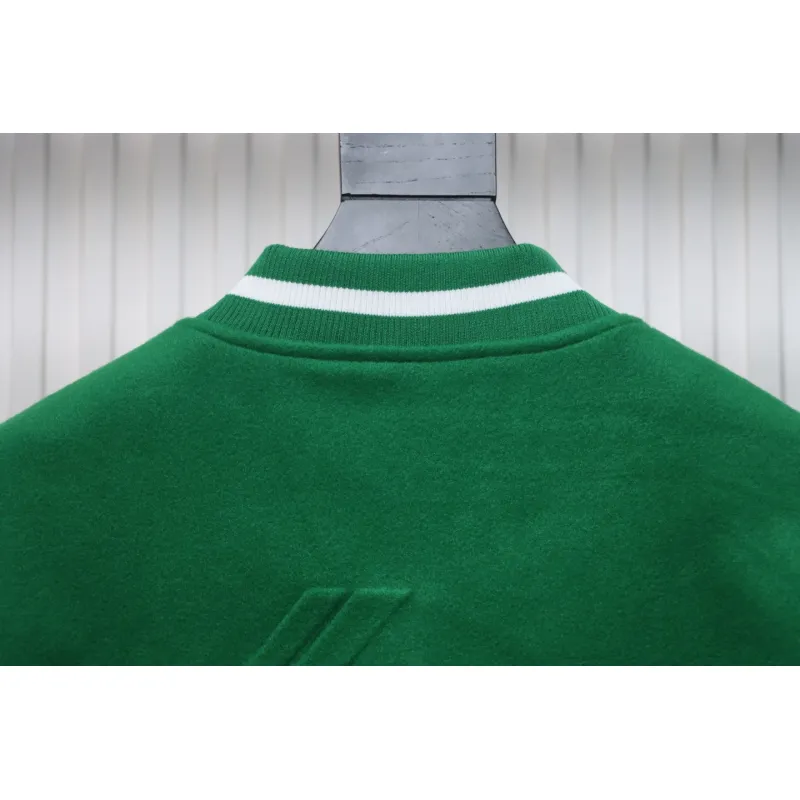 WELL Classic Logo Leather Sleeve Baseball Jacket Green