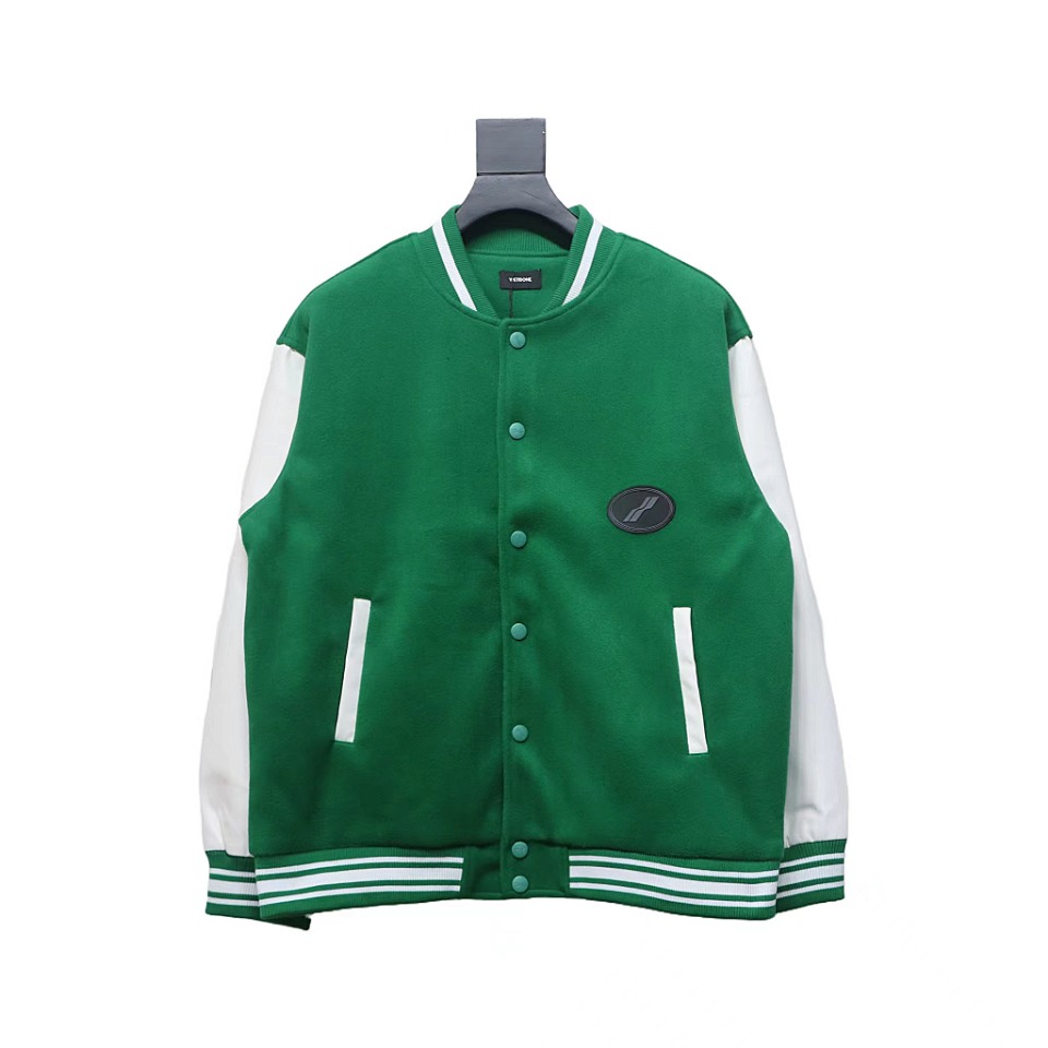 WELL Classic Logo Leather Sleeve Baseball Jacket Green