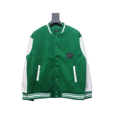 WELL Classic Logo Leather Sleeve Baseball Jacket Green 01