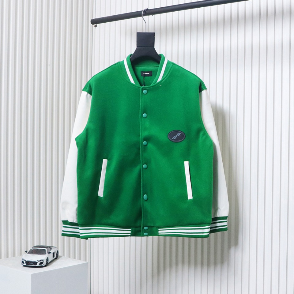 WELL Classic Logo Leather Sleeve Baseball Jacket Green