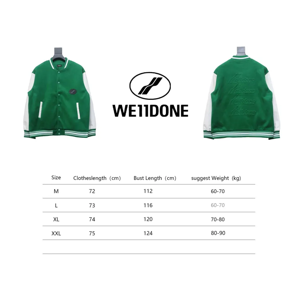 WELL Classic Logo Leather Sleeve Baseball Jacket Green