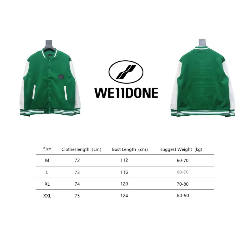 WELL Classic Logo Leather Sleeve Baseball Jacket Green