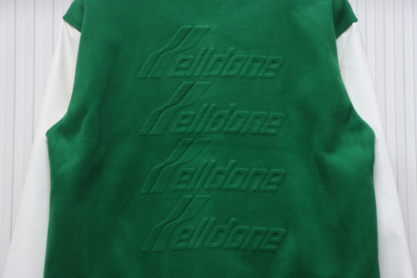 WELL Classic Logo Leather Sleeve Baseball Jacket Green