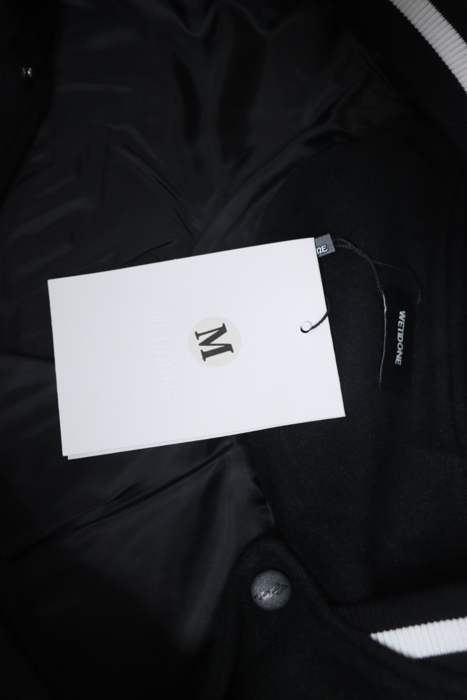 WELL Classic Logo Leather Sleeve Baseball Jacket Black