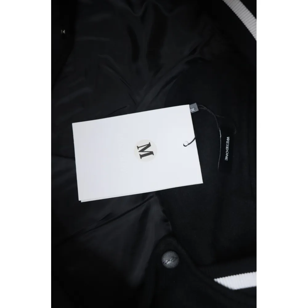 WELL Classic Logo Leather Sleeve Baseball Jacket Black