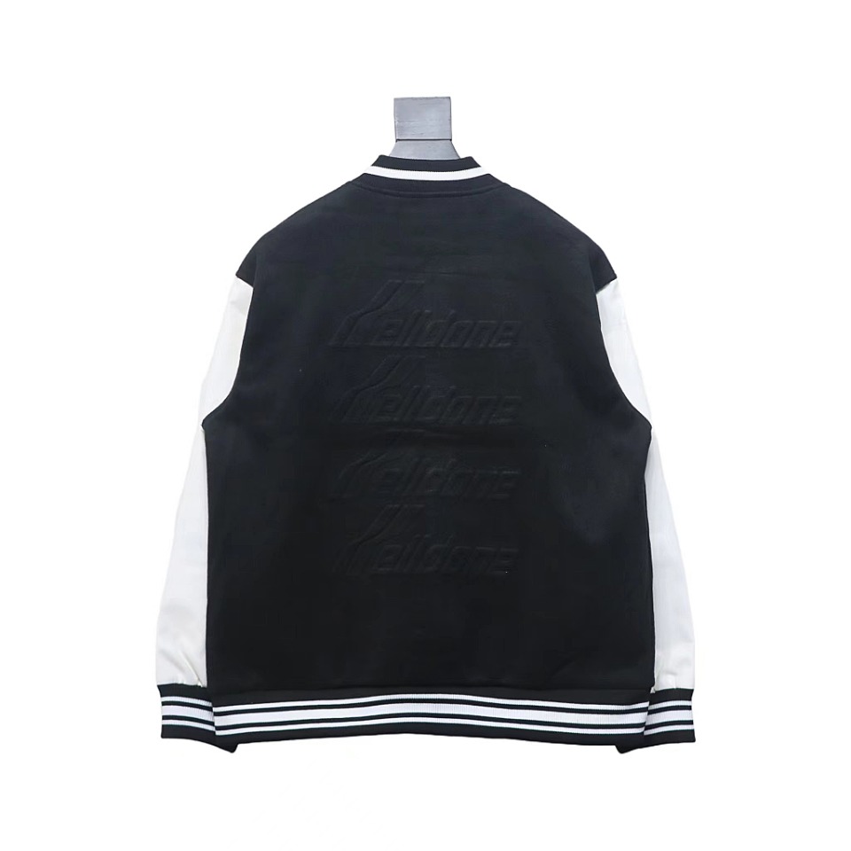 WELL Classic Logo Leather Sleeve Baseball Jacket Black