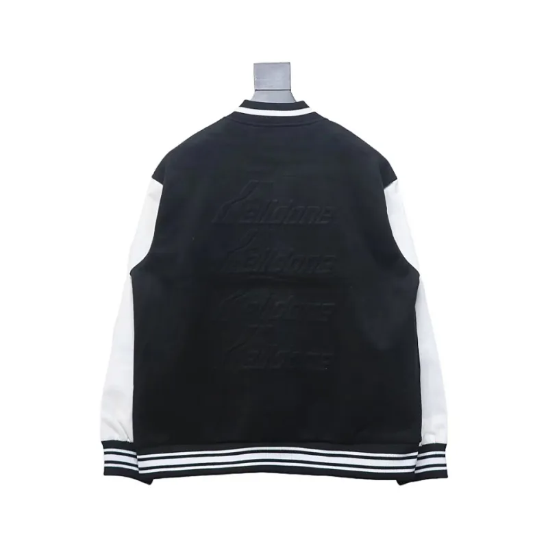 WELL Classic Logo Leather Sleeve Baseball Jacket Black
