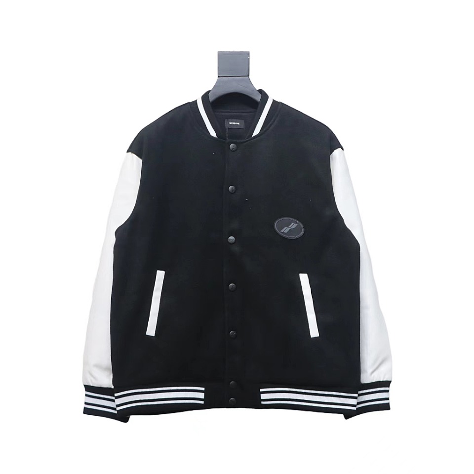 WELL Classic Logo Leather Sleeve Baseball Jacket Black