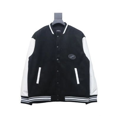 WELL Classic Logo Leather Sleeve Baseball Jacket Black 01