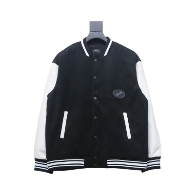 WELL Classic Logo Leather Sleeve Baseball Jacket Black 01