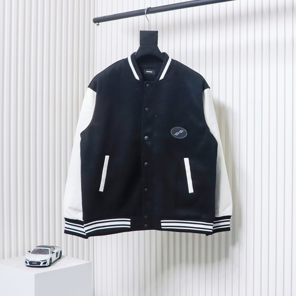 WELL Classic Logo Leather Sleeve Baseball Jacket Black