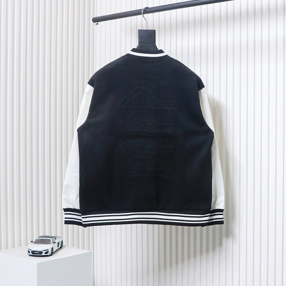 WELL Classic Logo Leather Sleeve Baseball Jacket Black
