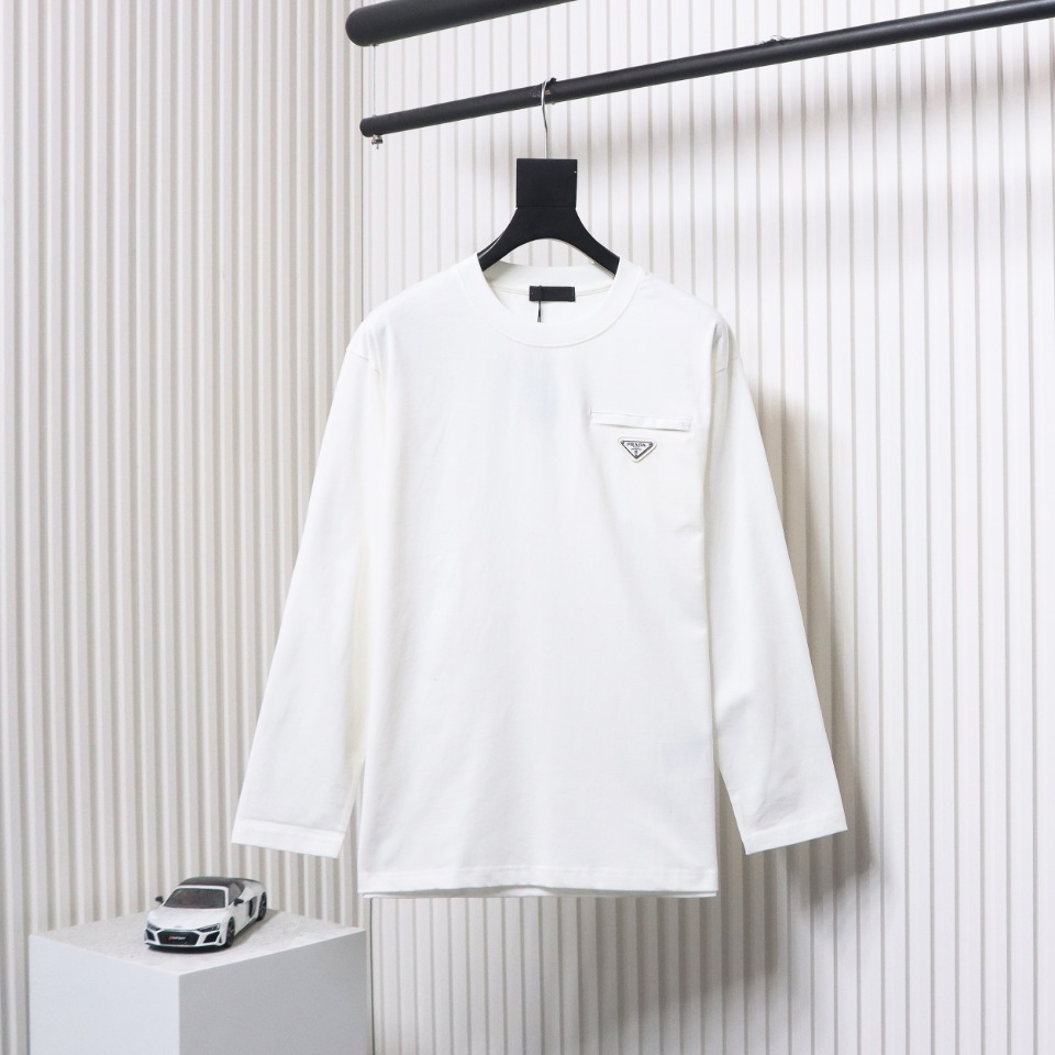 Prada 24Fw Pocket Triangle Metal Logo Long Sleeve T-shirt White