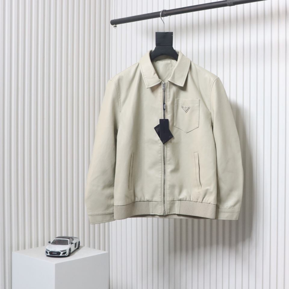 Prada 24Fw Triangle Logo Leather Jacket Beige