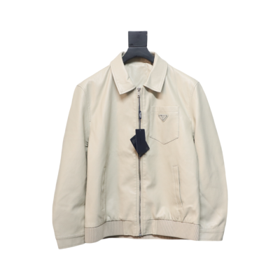 Prada 24Fw Triangle Logo Leather Jacket Beige 01
