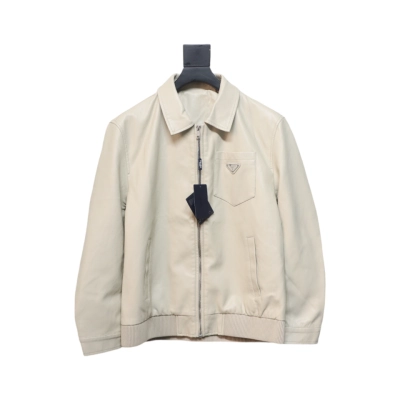 Prada 24Fw Triangle Logo Leather Jacket Beige 01