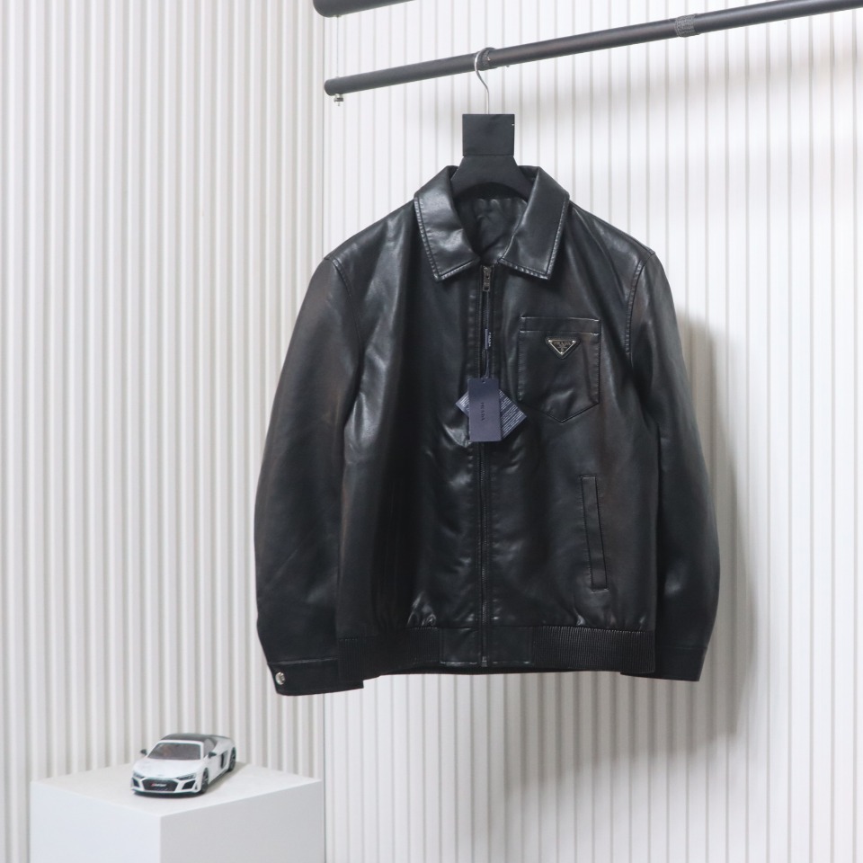 Prada 24Fw Triangle Logo Leather Jacket Black