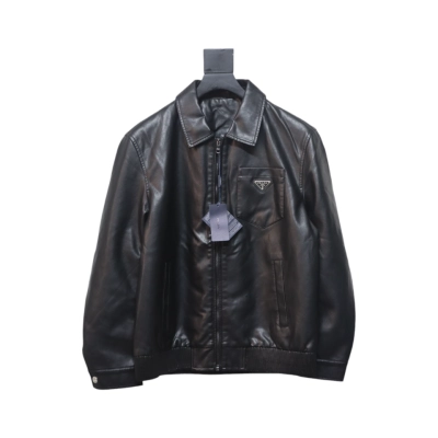 Prada 24Fw Triangle Logo Leather Jacket Black 01