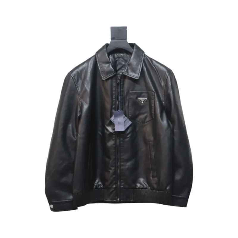 Prada 24Fw Triangle Logo Leather Jacket Black