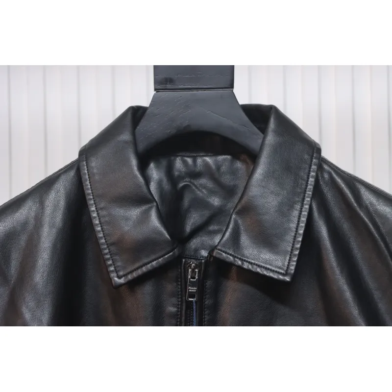 Prada 24Fw Triangle Logo Leather Jacket Black