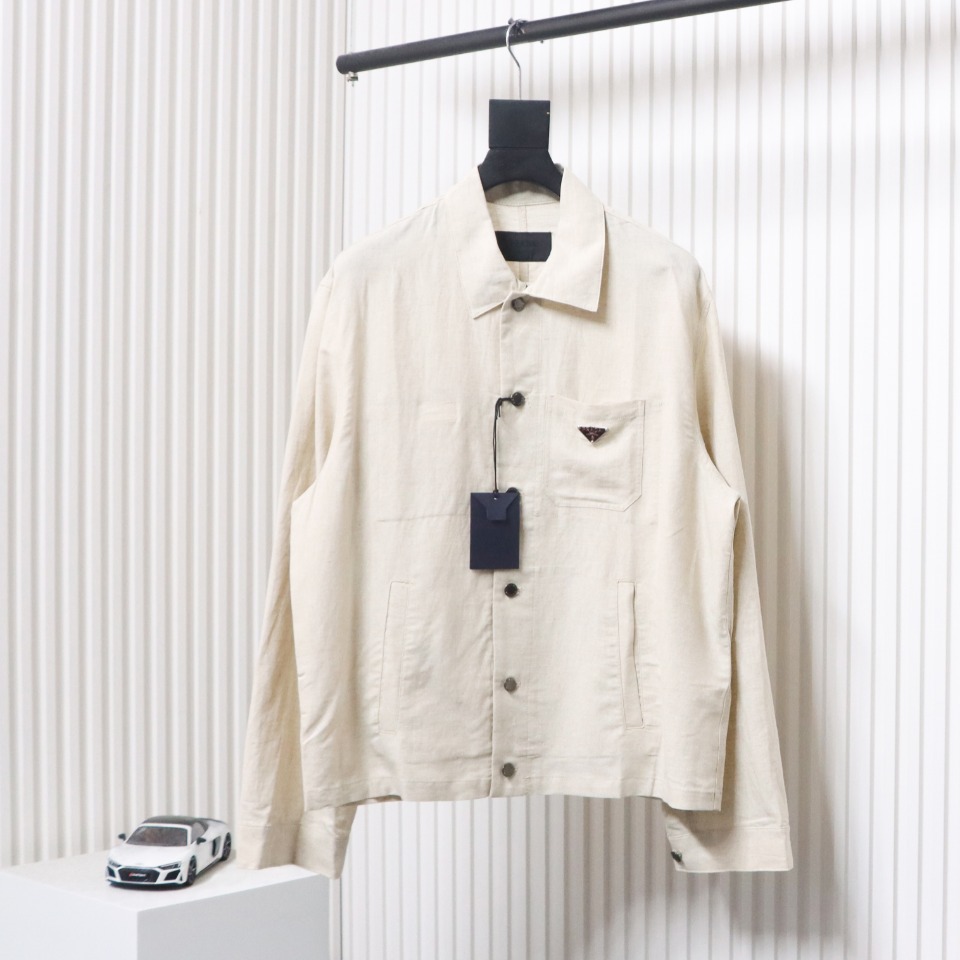 Prada 24SS Chambray Pocket Long Sleeve Shirt Jacket Beige