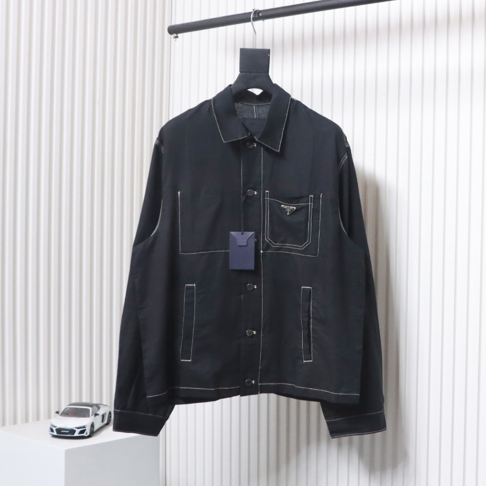 Prada 24SS Chambray Pocket Long Sleeve Shirt Jacket Black