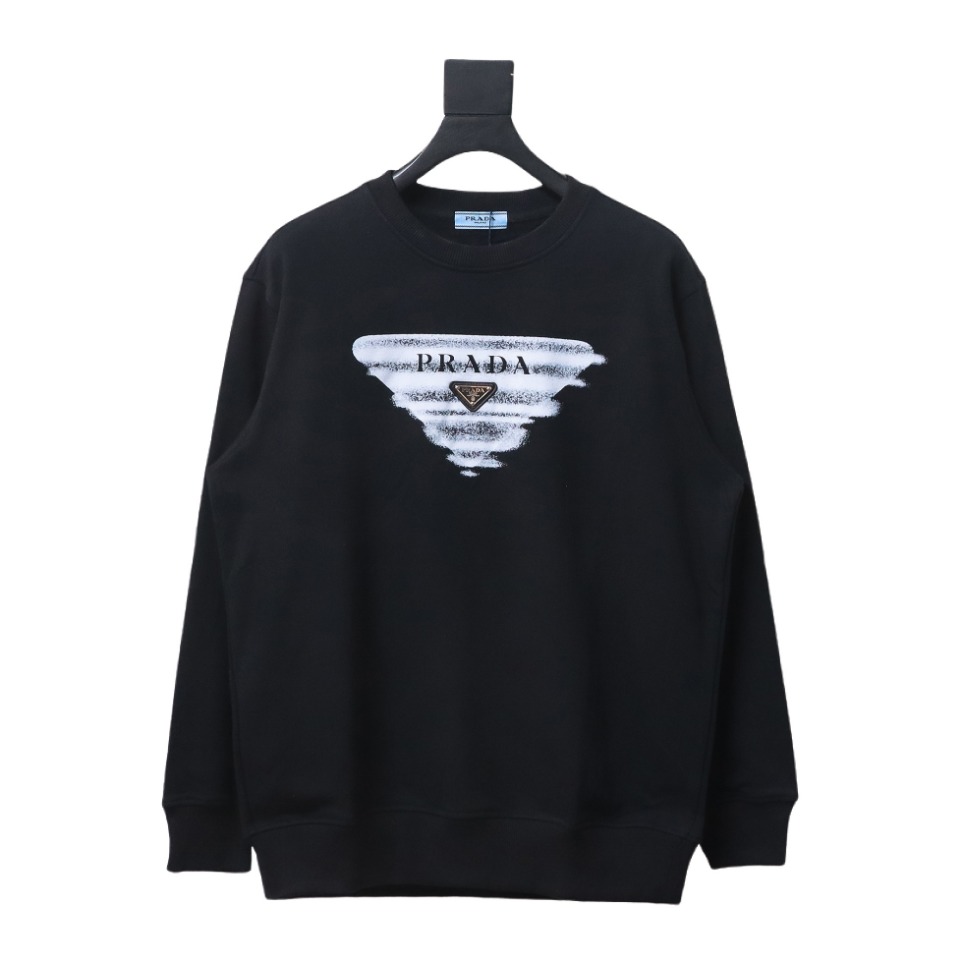 Prada 24SS Phantom Triangle Logo Printed Crew Neck Hoodie Black