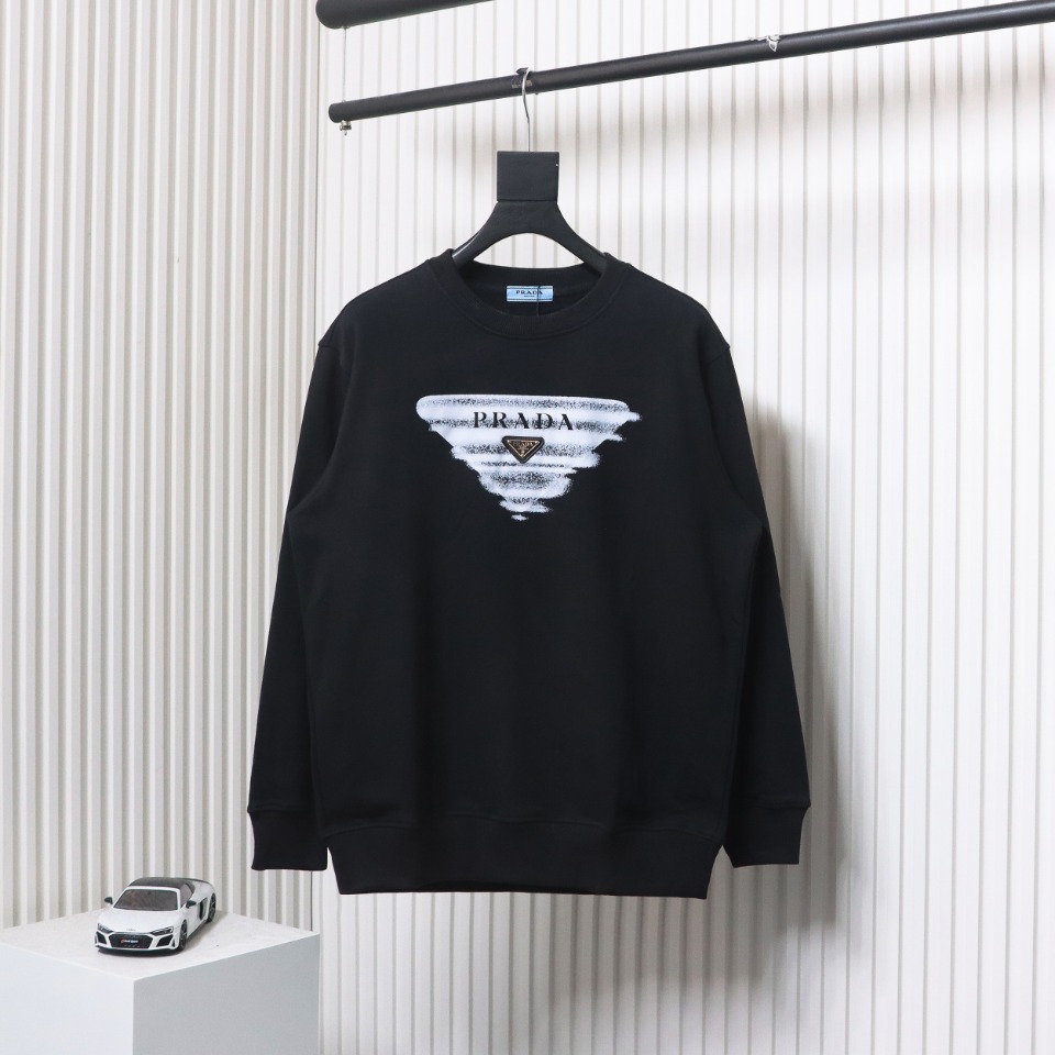 Prada 24SS Phantom Triangle Logo Printed Crew Neck Hoodie Black