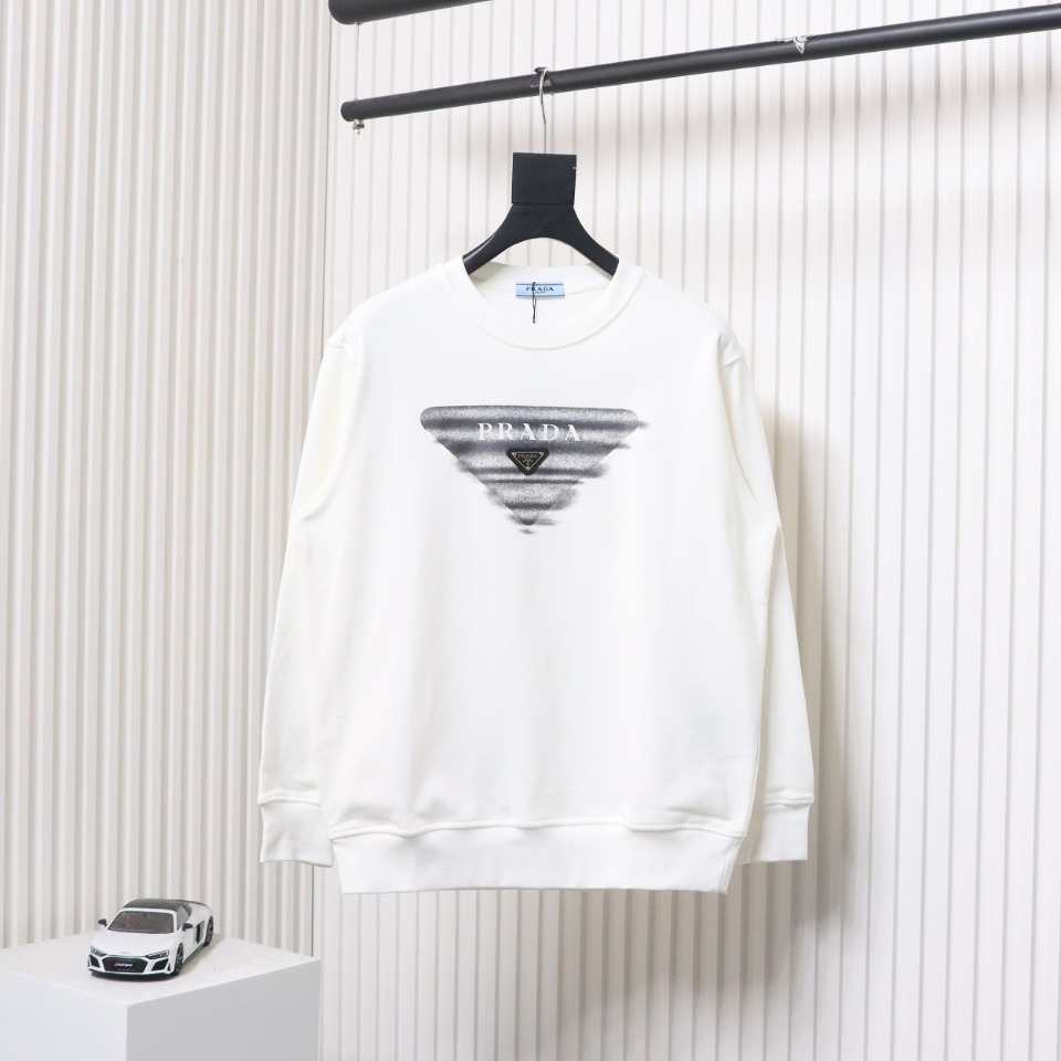 Prada 24SS Phantom Triangle Logo Printed Crew Neck Hoodie White