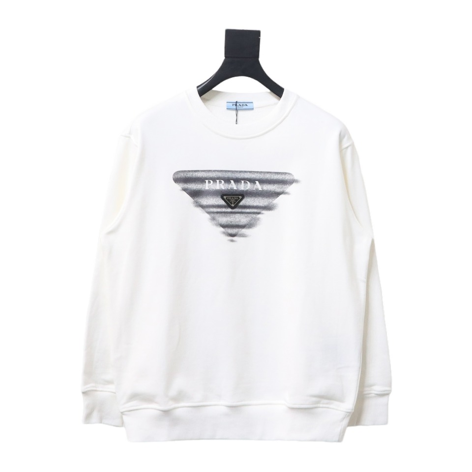 Prada 24SS Phantom Triangle Logo Printed Crew Neck Hoodie White