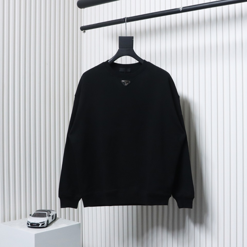 Prada 24ss Round Neck Hoodie With Triangle Logo Black