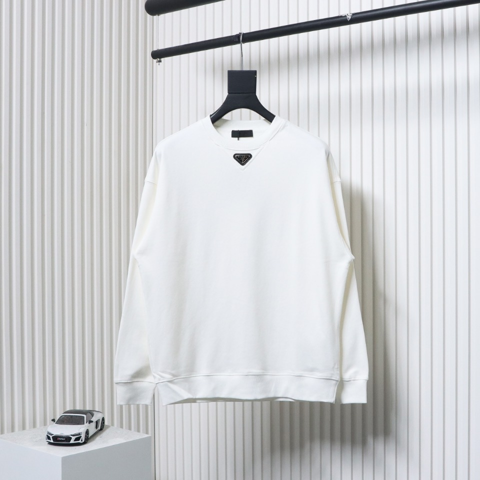 Prada 24ss Round Neck Hoodie With Triangle Logo White