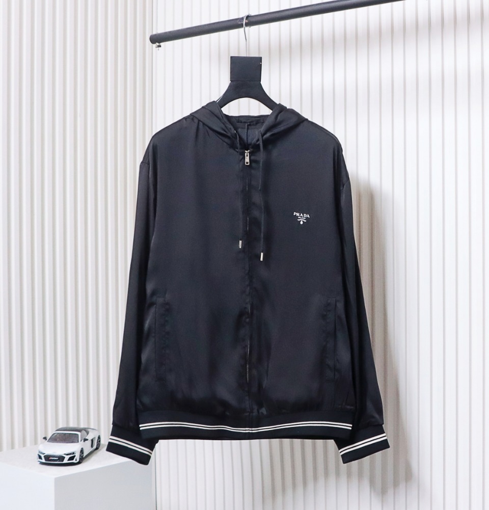 Prada 24SS Silk Web Hem Hooded Jacket Black