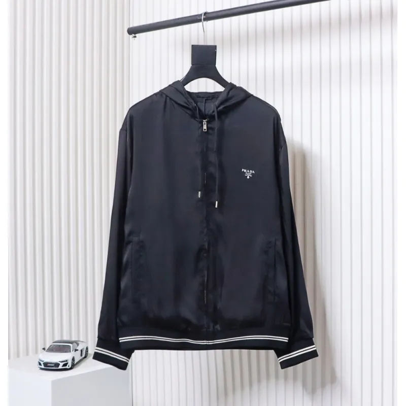 Prada 24SS Silk Web Hem Hooded Jacket Black