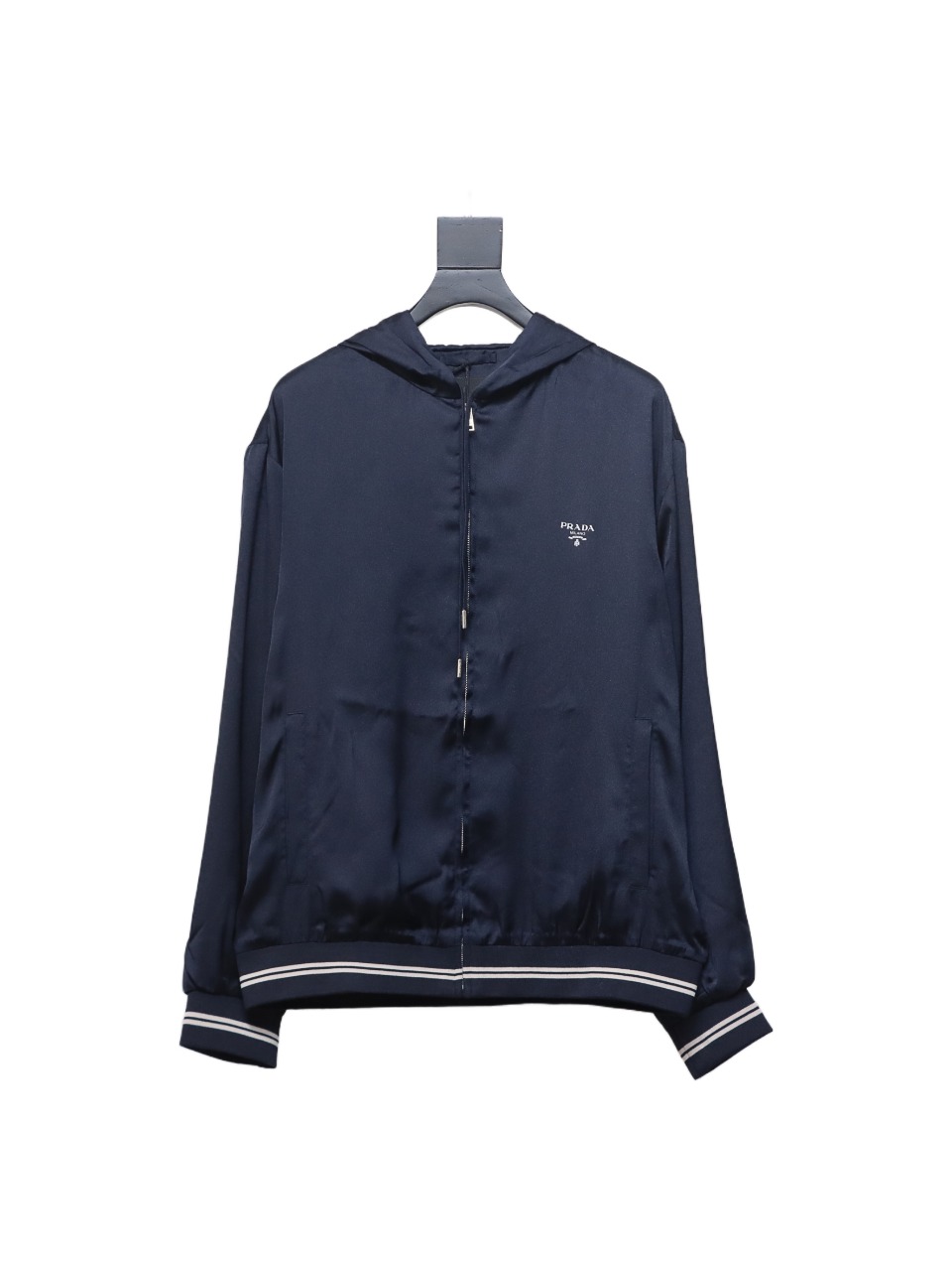 Prada 24SS Silk Web Hem Hooded Jacket Blue