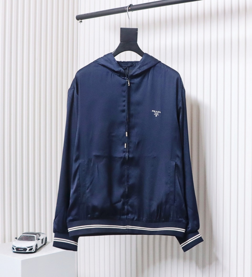 Prada 24SS Silk Web Hem Hooded Jacket Blue