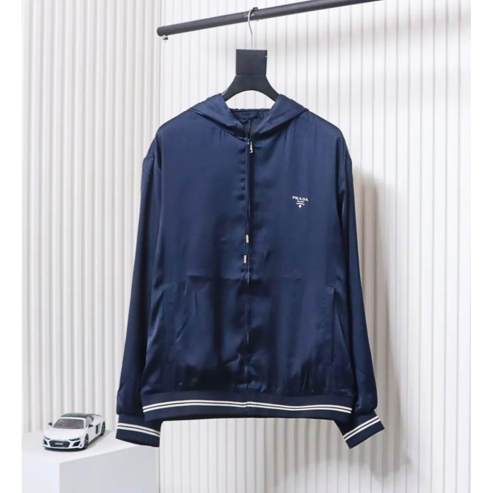 Prada 24SS Silk Web Hem Hooded Jacket Blue