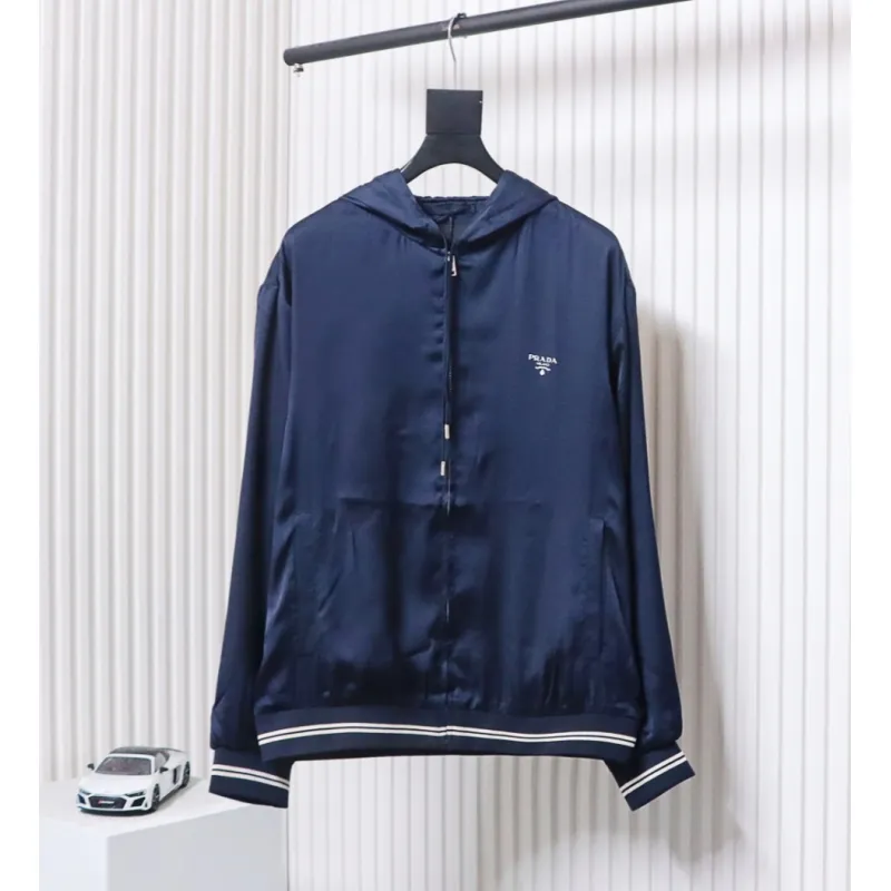 Prada 24SS Silk Web Hem Hooded Jacket Blue