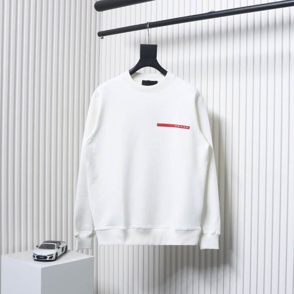 Prada Classic Red Striped Crew Neck Hoodie White