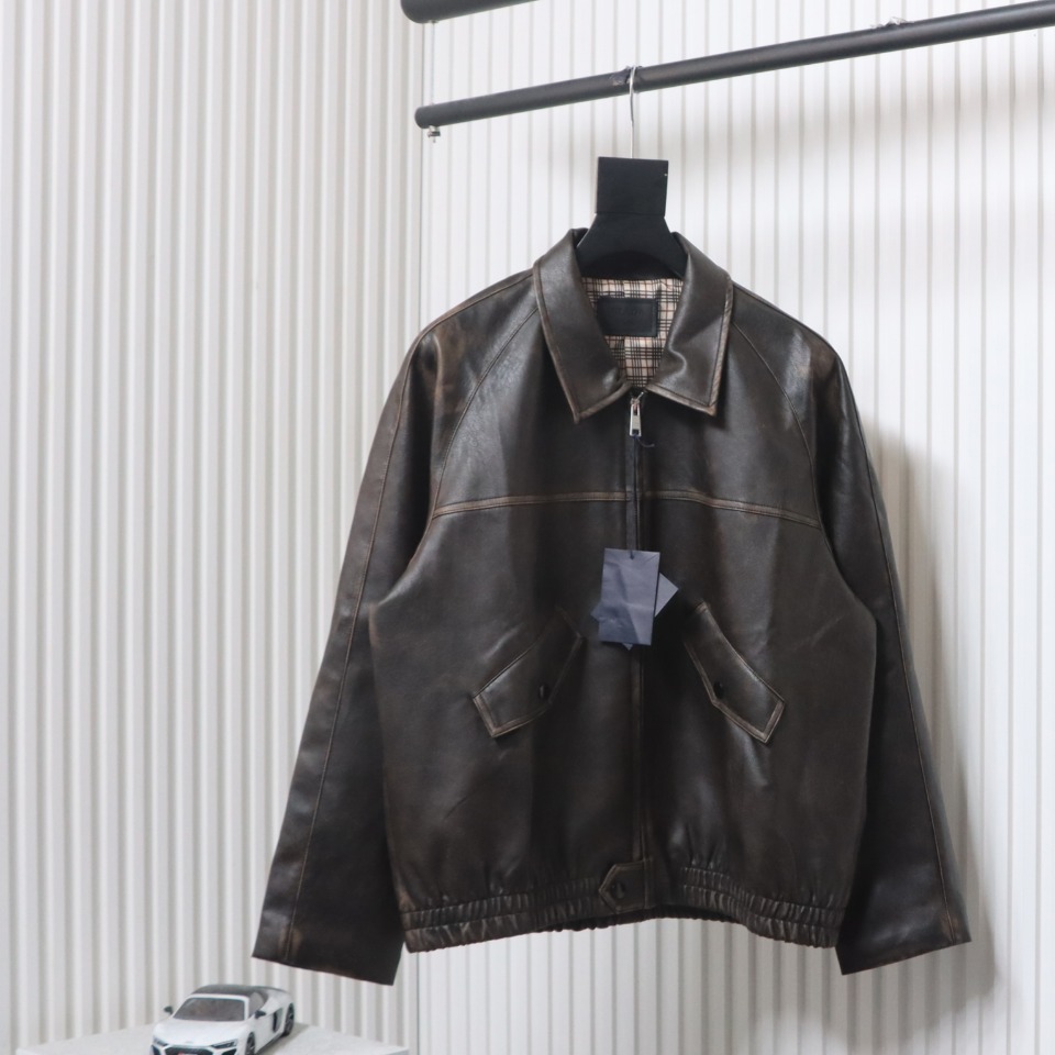 Prada Distressed Leather Jacket With Triangle Logo On Back