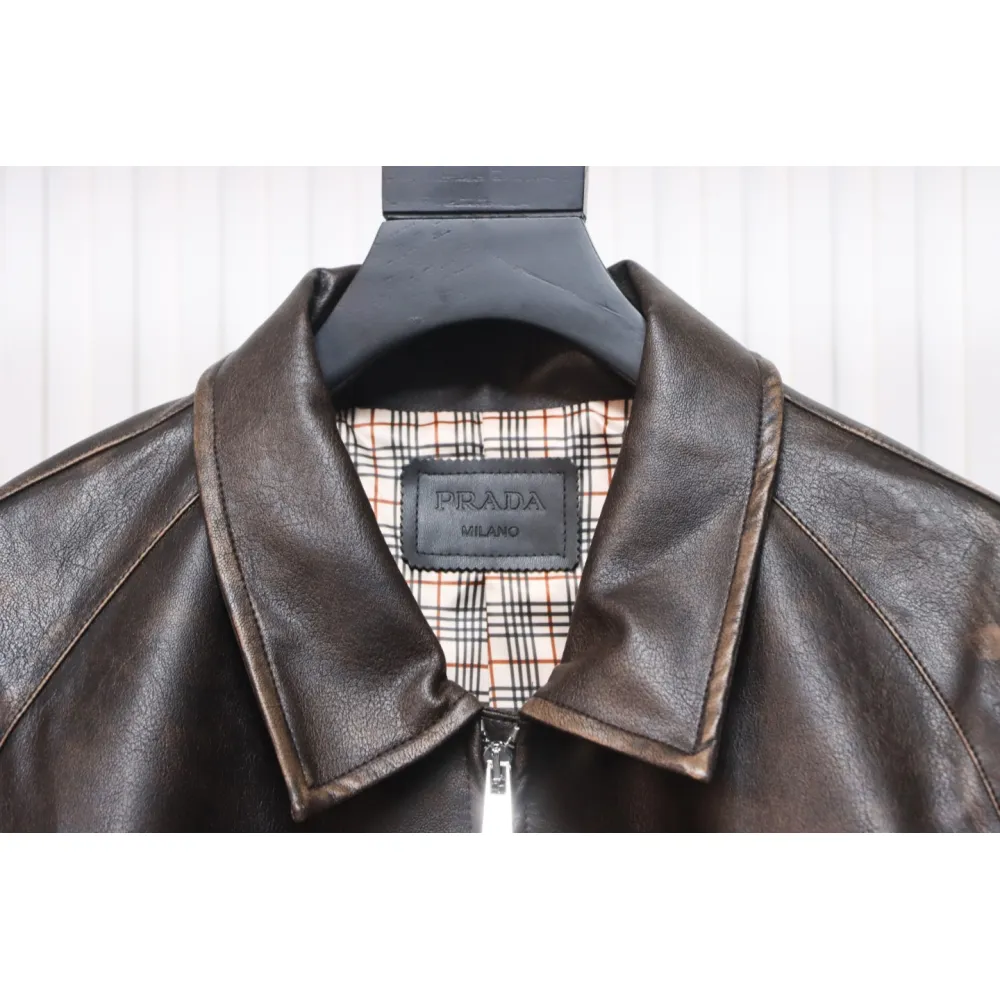 Prada Distressed Leather Jacket With Triangle Logo On Back