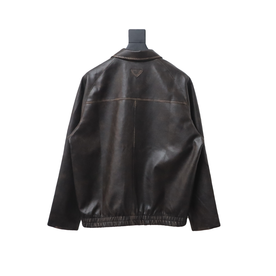 Prada Distressed Leather Jacket With Triangle Logo On Back