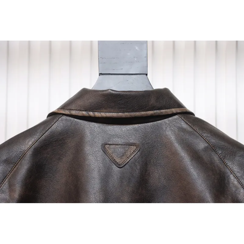 Prada Distressed Leather Jacket With Triangle Logo On Back