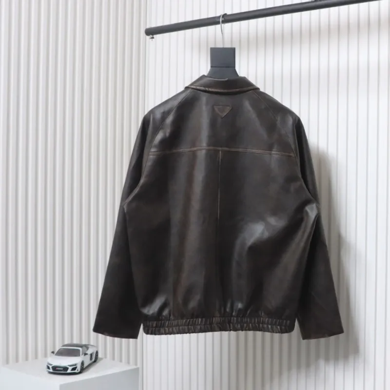 Prada Distressed Leather Jacket With Triangle Logo On Back