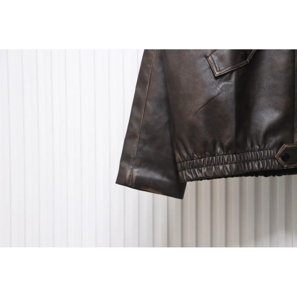 Prada Distressed Leather Jacket With Triangle Logo On Back