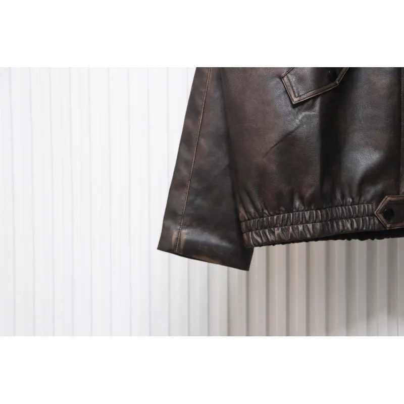 Prada Distressed Leather Jacket With Triangle Logo On Back
