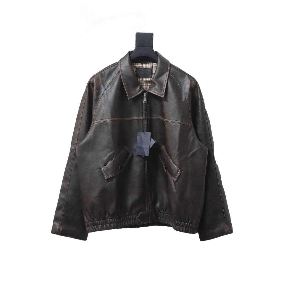 Prada Distressed Leather Jacket With Triangle Logo On Back