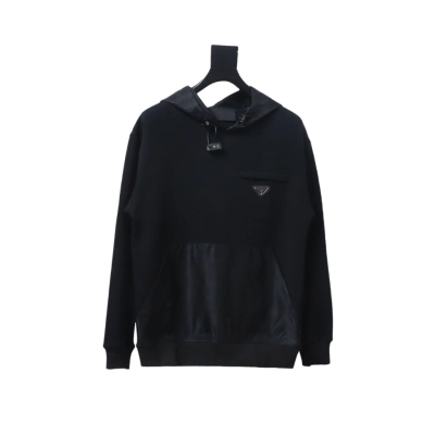 Prada Paneled Zip-Up Crew Neck Hoodie Black 01